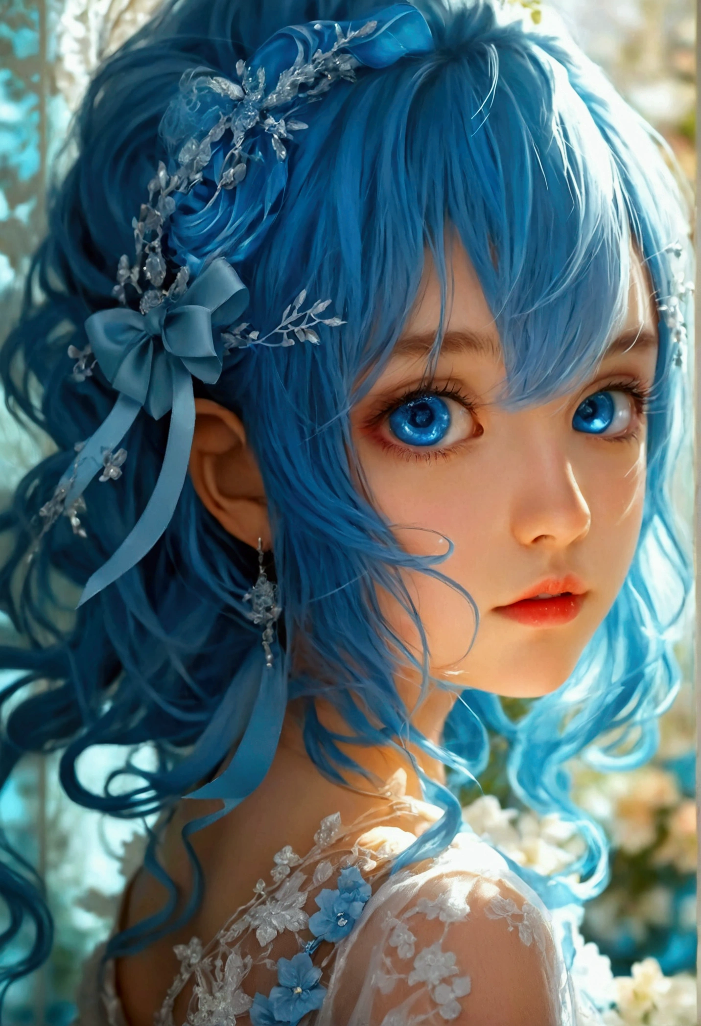 Light blue hair、Big blue ribbon hair ornament、Light blue eyes、Girl