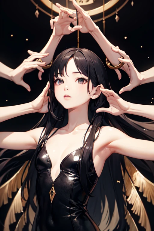 ((Highest quality)), ((masterpiece)), (detailed), One girl, sexy, 黒hair, Small eyes,Black clothes, look up, Upper Body,hair,Fair skin,長いhair,Four arms, Open your arms, Vitruvian Man, Vitruvian human body diagram