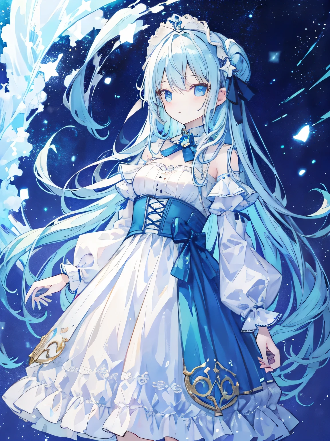 tmasterpiece，HighestQuali，1girll，Light blue hair，blue，a white long skirt，starrysky，starlights