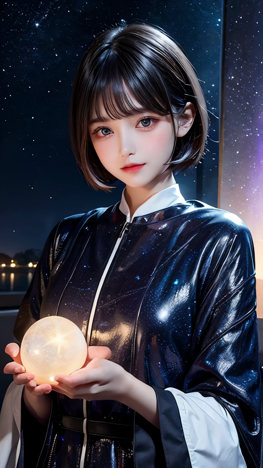 add_detail:1, starlight, stars, holding stars, glowing, space, 🌌, 1girl, young girl, curious expression, short hair, flowing hair, bangs, colorful detailed eyes