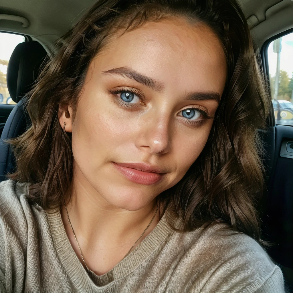 Beautiful brunette, who wears a sweater (22 years old, innocent face, naturally wavy hair, blue eye), woman sitting in a car ((detail car, inside), Bmw car, expensive car, new car) ((Selfie on the upper body, a happy)), masterpiece, beste-Qualit, Ultra-detail, solo, En plein air, (EVENING), Natur, (the stars, Officer) cheerful, analog style (look at the viewer: 1.2) (Skin texture) (Film grains: 1.3), (warm hue, warmer Ton: 1.2), a close-up of a, cinematiclight, extra high resolution, better shadow, LOVELY, upper body, pullover