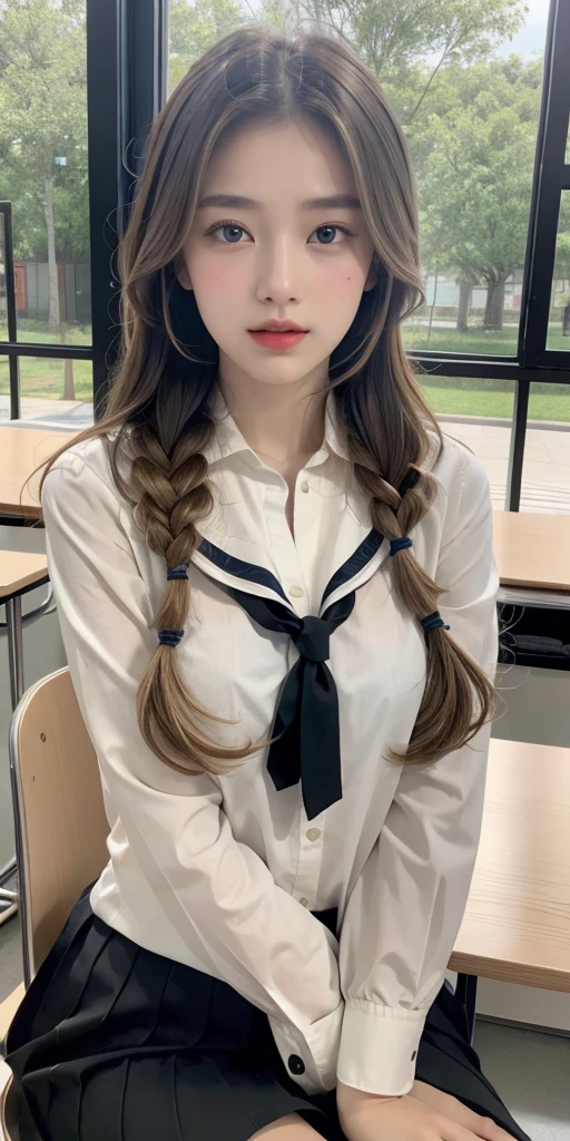 (extremely detailed CG unity 8k wallpaper,masterpiece, best quality, ultra-detailed),school classroom setting,sunlight filtering through trees,beautiful blonde high school girl with twintails and ahoge(D-cup),smartphone in hand,fidgeting with it,beautiful black-haired high school girl,thin and flat-chested, wearing sailor uniform,sitting on chair and having conversation with blonde girl who is sitting on desk,in the evening.