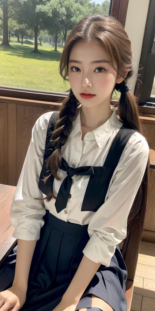 (extremely detailed CG unity 8k wallpaper,masterpiece, best quality, ultra-detailed),school classroom setting,sunlight filtering through trees,beautiful blonde high school girl with twintails and ahoge(D-cup),smartphone in hand,fidgeting with it,beautiful black-haired high school girl,thin and flat-chested, wearing sailor uniform,sitting on chair and having conversation with blonde girl who is sitting on desk,in the evening.