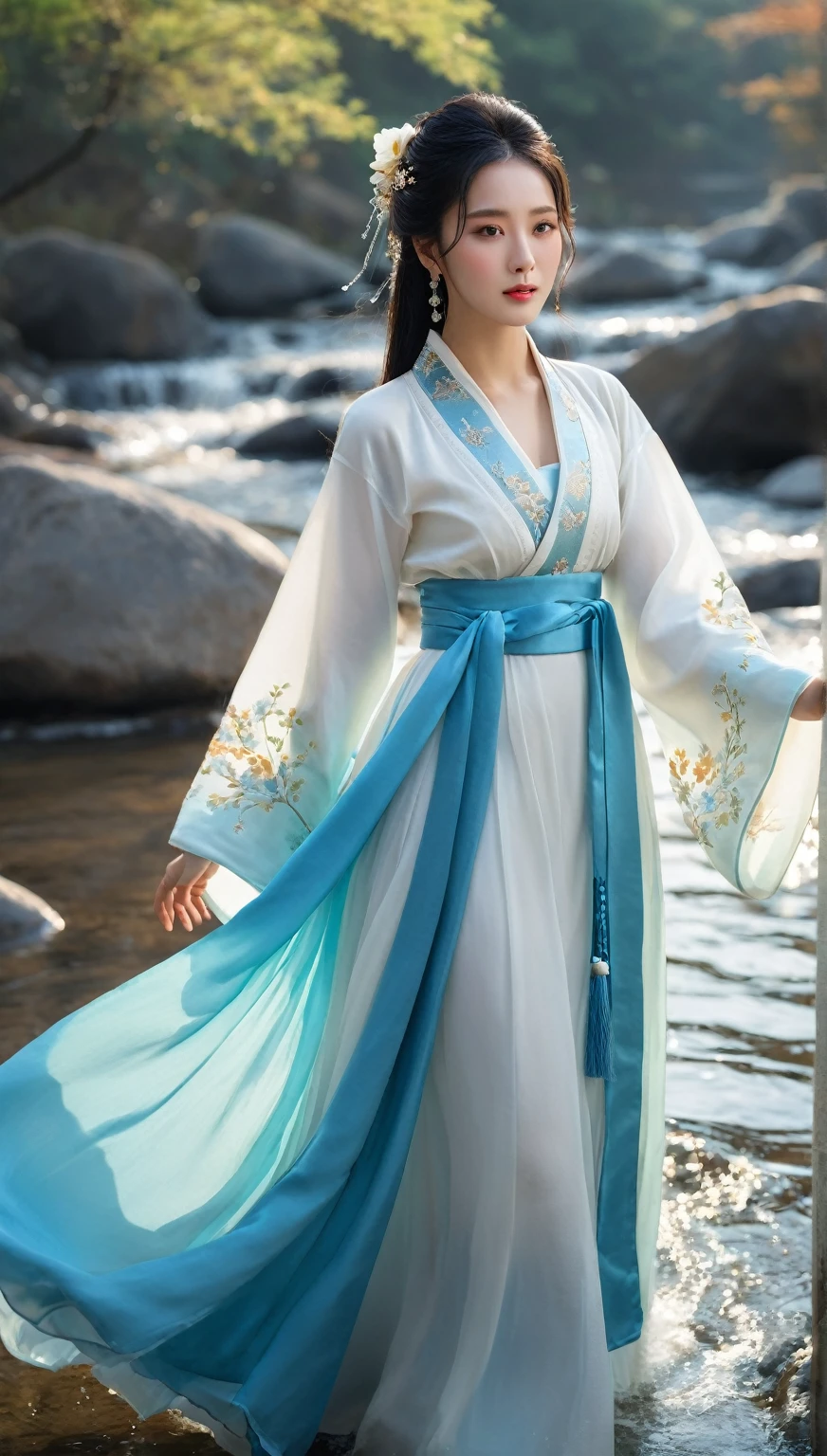 beautiful Korean woman, (((Mikamaria))), intricate pure white hanbok dress, (extremely detailed CG unity 8k wallpaper,masterpiece, best quality, ultra-detailed),(incredible lighting, dynamic camera angle),blue water splashing,stream, flowing water, beautiful girl with long black hair, elegant wuxia dress,watercolor, 70's retro filter, high-detail skin: 1.2) , 8K ultra-hd, DSLR, high quality, high resolution, 8K,winter hanfu, fur collar,