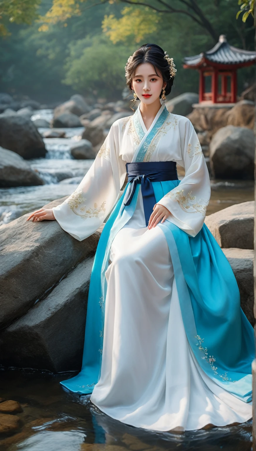 beautiful Korean woman, (((Mikamaria))), intricate pure white hanbok dress, (extremely detailed CG unity 8k wallpaper,masterpiece, best quality, ultra-detailed),(incredible lighting, dynamic camera angle),blue water splashing,stream, flowing water, beautiful girl with long black hair, elegant wuxia dress,watercolor, 70's retro filter, high-detail skin: 1.2) , 8K ultra-hd, DSLR, high quality, high resolution, 8K,winter hanfu, fur collar,