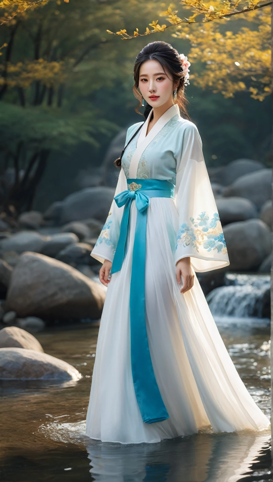 beautiful Korean woman, (((Mikamaria))), intricate pure white hanbok dress, (extremely detailed CG unity 8k wallpaper,masterpiece, best quality, ultra-detailed),(incredible lighting, dynamic camera angle),blue water splashing,stream, flowing water, beautiful girl with long black hair, elegant wuxia dress,watercolor, 70's retro filter, high-detail skin: 1.2) , 8K ultra-hd, DSLR, high quality, high resolution, 8K,winter hanfu, fur collar,