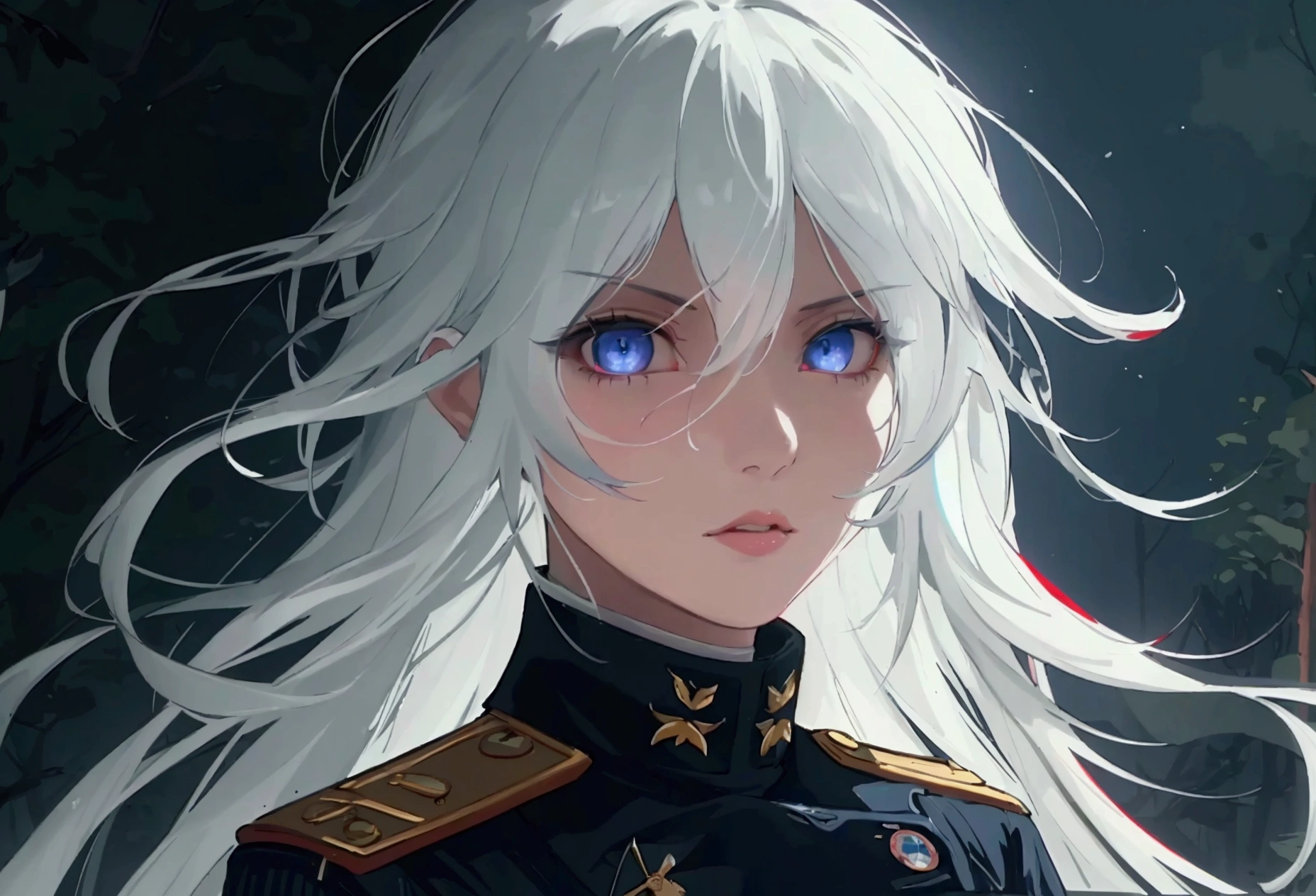 (best quality,4k,8k,highres,masterpiece:1.2),1girl,anime,military uniform,dark blue uniform,long white hair,white eyes,evil look,detailed face,detailed eyes,detailed lips,longeyelashes,digital art,cinematic lighting,dark moody atmosphere,dramatic shadows on three sides