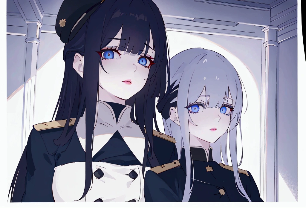 (best quality,4k,8k,highres,masterpiece:1.2),1girl,anime,military uniform,dark blue uniform,long white hair,white eyes,evil look,detailed face,detailed eyes,detailed lips,longeyelashes,digital art,cinematic lighting,dark moody atmosphere,dramatic shadows on three sides