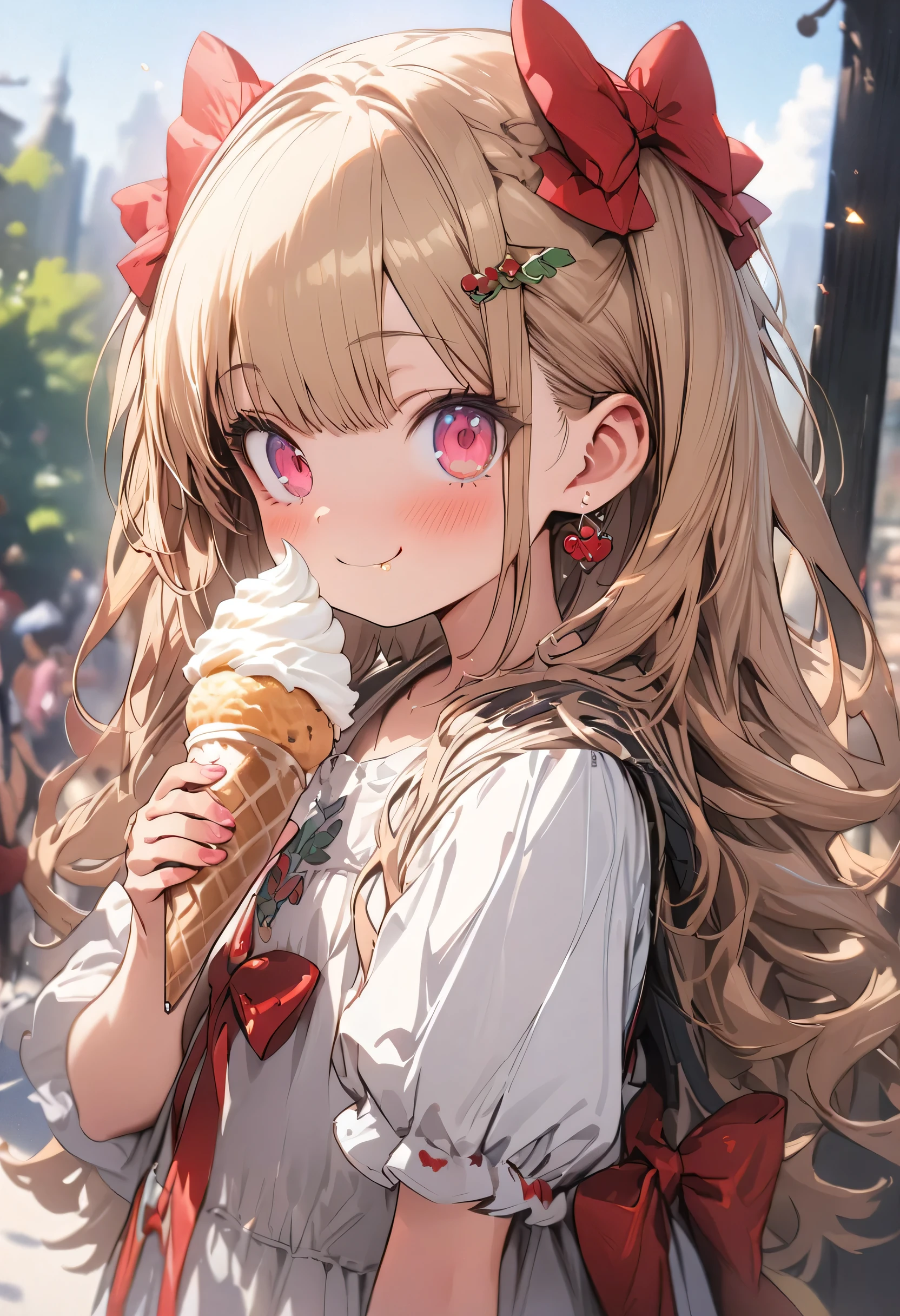 (, cute girl:1.2), (masterpiece, best quality, highly detailed, ultra detailed, absurdres:1.3), (1girl, cute, charming:1.3), (fantastic illustration, beautiful detail, best quality, top quality, high quality:1.3), beautiful detail, cute illustration, cute girl eating a soft serve ice cream, delicious looking, smile, blurry background
