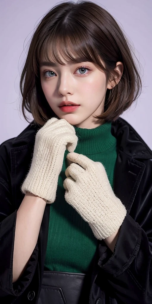 Girl, brown hair, bob haircut, with bangs, purple snow jacket with green sweater inside, hands crossed, slightly serious expression, big eyes,  white gloves, blue eyes,