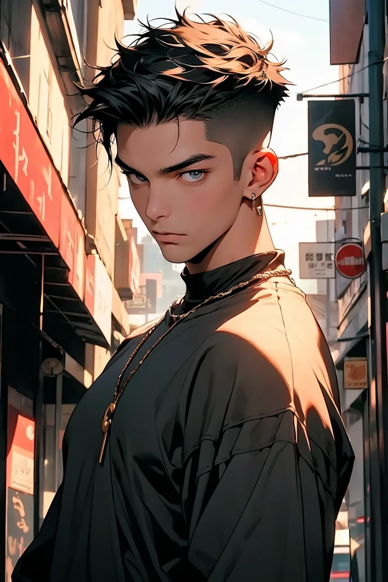 highest quality, 8K, high resolution image, anime style Jujutsu Kaisen, detailed strokes, slightly tanned skin, blurry, purple light reflecting from it, (close angle), 1 man, young, male, model, cool guy, muscular, shaved body, smile, blue Eyes, brown very short hair, brown hair, short hair, hairstyle: undercut, hair slicked back, swollen chest, He is wearing a a sweater, a link chain, black sweatpants, a hand in his pocket, a gold link chain. background: City, big city streets