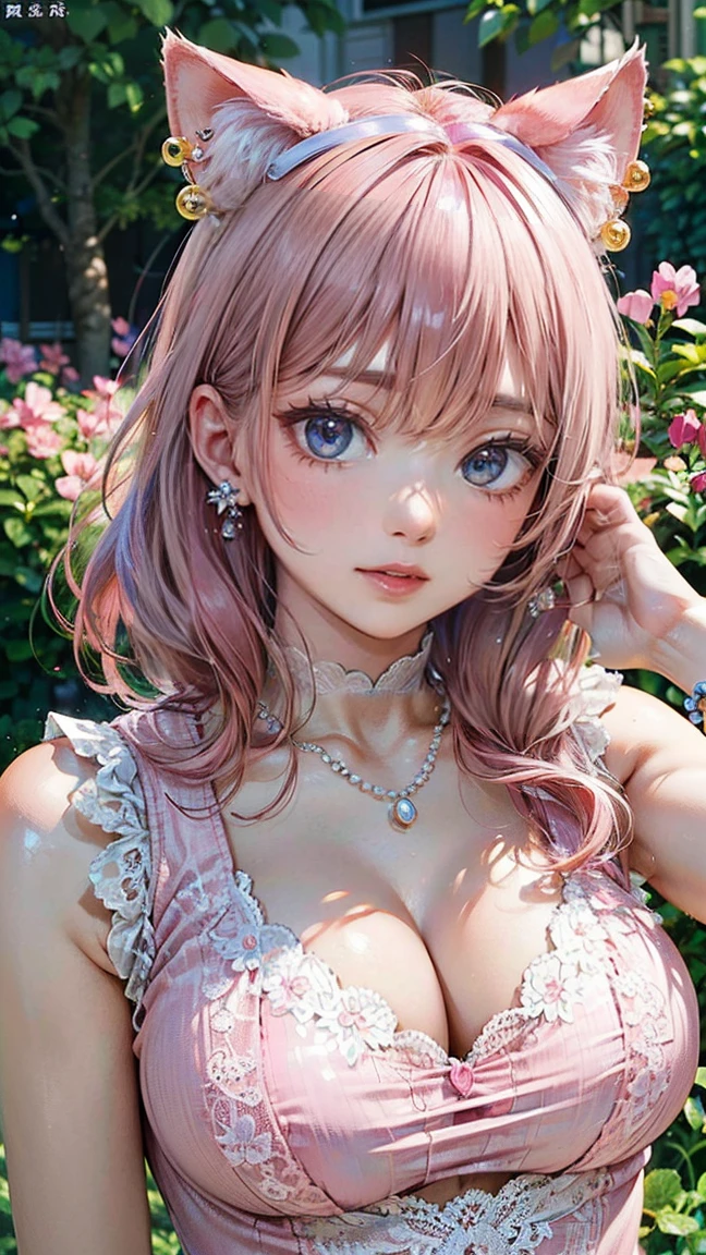 (Masterpiece, BestQuality:1.3), (ultra detailed:1.2), (hyperrealistic:1.3), (RAW photo:1.2), High detail RAW color photo, professional photograph, (Photorealistic:1.4), (realistic:1.4), (Pink Hair:1.5), professional lighting, perfect anatomy, (Big Breasts:1.2), (blush, detailed face), (cheerful Smile:1.5), Trending Hair&Trending Hairカラーをランダムに, earrings, necklace, bracelet, sexly, erotic sexly, Random sexy gravure poses, (A beautiful woman wearing a pink lace dress、Posing cutely in cat ears in a flower-filled garden。Pearl earrings swaying。:1.3)