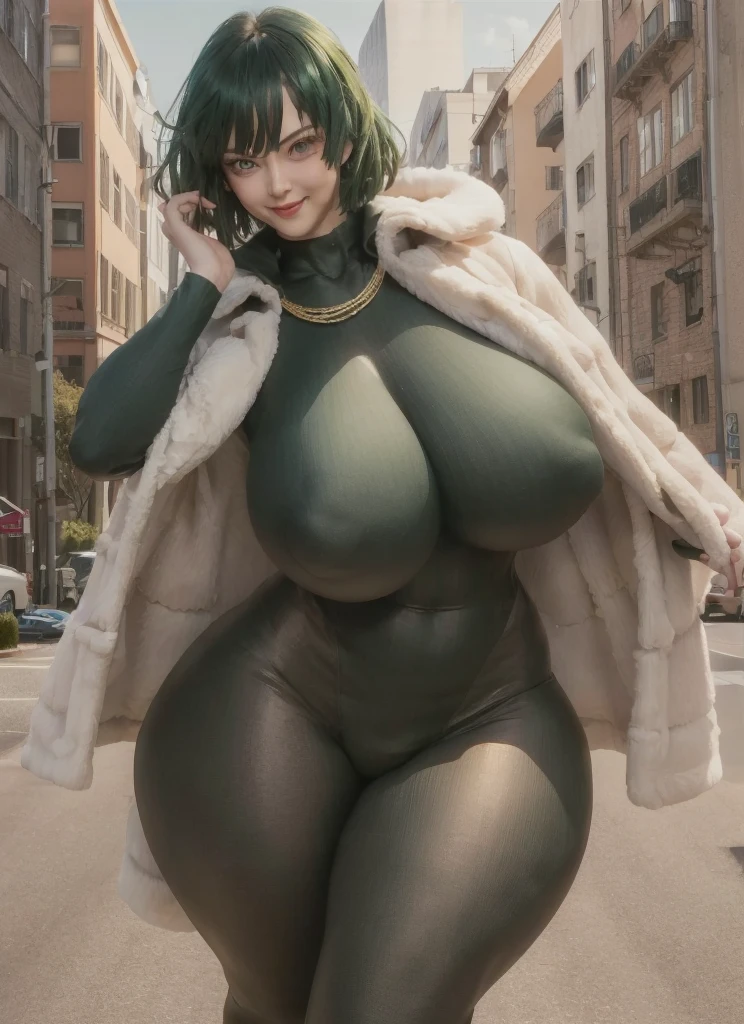 ((Full body view)), ((head to toe)), (fubuki), (green hair), [black hair], (perfect eyes:1.3),green eyes, spandex bodysuit, long sleeves, jewelry, gold chain necklace, (fur coat:1.2), (realistic:1.5), saggy breast, (wide hips:1.3), (thick thighs:1.4), (((best quality)), ((masterpiece)), (mature female), photorealistic, photorealistic face, cinematic light, (skindentation:1), cute, feminine, (perfect face:1.1), (perfect eyes, detailed eyes), perfect hands, curvy:1.5, narrow waist:1.2, big eyes), (1girl:1.4, solo, solo focus, ((sfw:1.3)), looking at viewer, dynamic pose, seductive smile), cityscape, skyline,