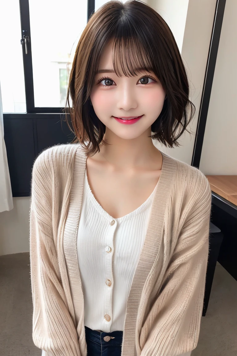 Highest quality, (beautiful)、Super delicate eyes、Brown eyes、22-year-old female、Brown Hair、smile、looking at the camera、Semi-short hair、Gal、cardigan