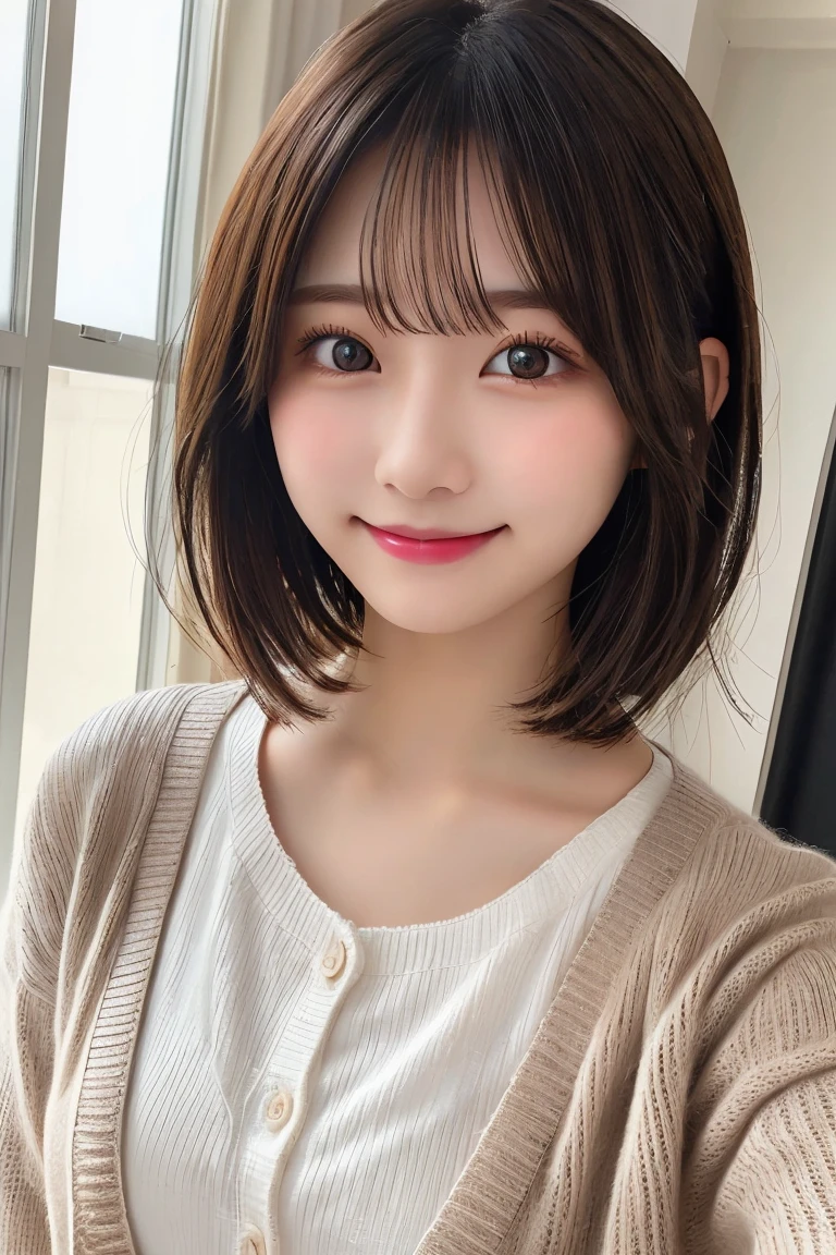 Highest quality, (beautiful)、Super delicate eyes、Brown eyes、22-year-old female、Brown Hair、smile、looking at the camera、Semi-short hair、Gal、cardigan