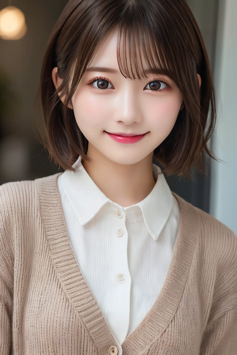 Highest quality, (beautiful)、Super delicate eyes、Brown eyes、22-year-old female、Brown Hair、smile、looking at the camera、Semi-short hair、Gal、cardigan