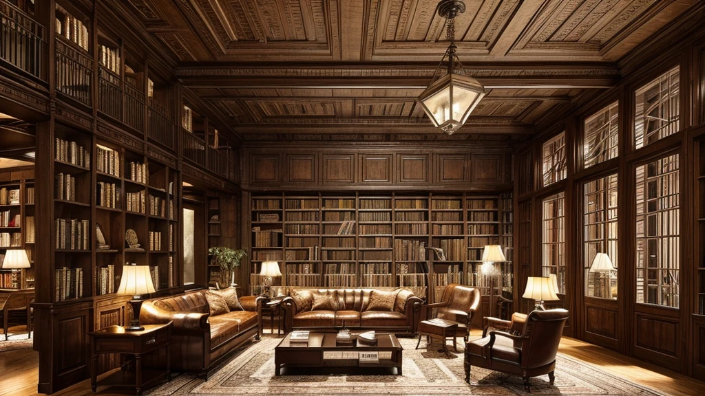 a cozy antique library interior with rows of old leather-bound books, warm lighting, and a comfortable reading chair, intricate wood shelves, glowing table lamps, a tranquil and peaceful study space for a book lover, highly detailed, photorealistic, cinematic lighting, elegant and refined
