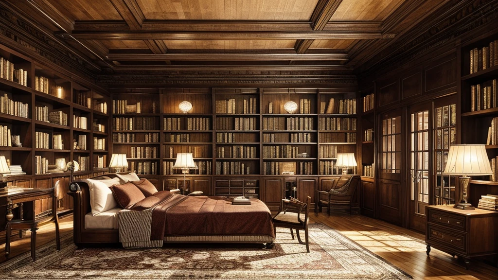 a cozy antique library interior with rows of old leather-bound books, warm lighting, and a comfortable reading chair, intricate wood shelves, glowing table lamps, a tranquil and peaceful study space for a book lover, highly detailed, photorealistic, cinematic lighting, elegant and refined