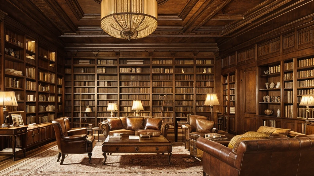 a cozy antique library interior with rows of old leather-bound books, warm lighting, and a comfortable reading chair, intricate wood shelves, glowing table lamps, a tranquil and peaceful study space for a book lover, highly detailed, photorealistic, cinematic lighting, elegant and refined