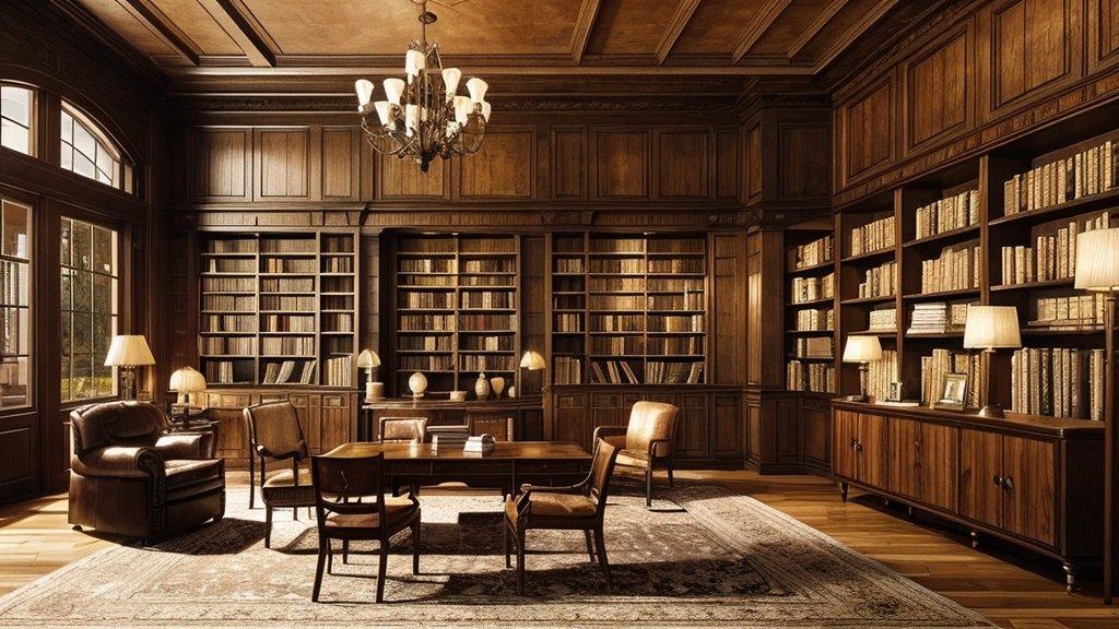 a cozy antique library interior with rows of old leather-bound books, warm lighting, and a comfortable reading chair, intricate wood shelves, glowing table lamps, a tranquil and peaceful study space for a book lover, highly detailed, photorealistic, cinematic lighting, elegant and refined