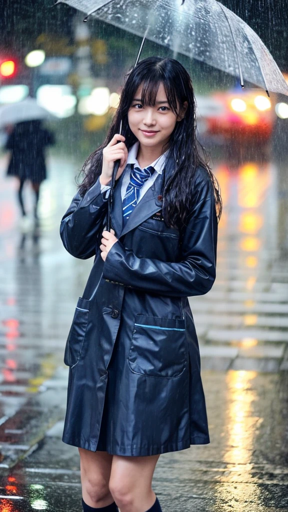 A woman, rain-soaked hair, rain-soaked face, rain-soaked clothes, messy hair, whole body wet with rain, (((school uniform))), 20 years old, beautiful, pretty face, cute face, rainy cityscape