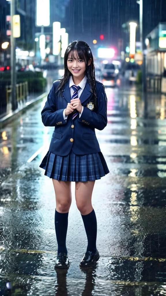 A woman, rain-soaked hair, rain-soaked face, rain-soaked clothes, messy hair, whole body wet with rain, (((school uniform))), 20 years old, beautiful, pretty face, cute face, rainy cityscape