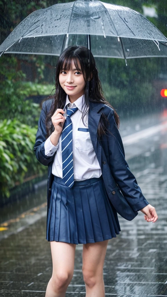 A woman, rain-soaked hair, rain-soaked face, rain-soaked clothes, messy hair, whole body wet with rain, (((school uniform))), 20 years old, beautiful, pretty face, cute face, rainy cityscape