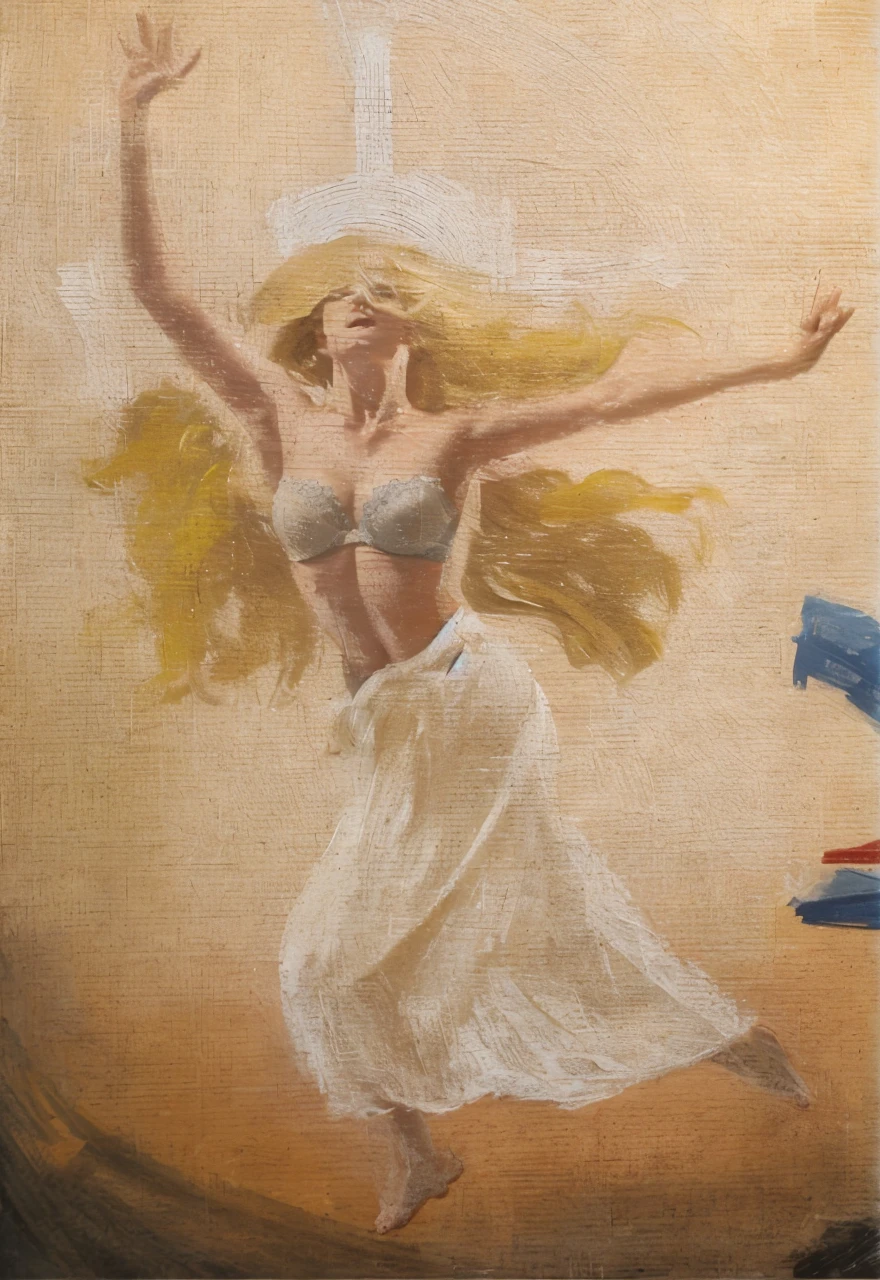 Blonde woman, moving left, arms raised, long blonde hair, bra, white skirt, looking right, shock on face, realistic, strong backlighting, photo look, inspired by john singer seargent