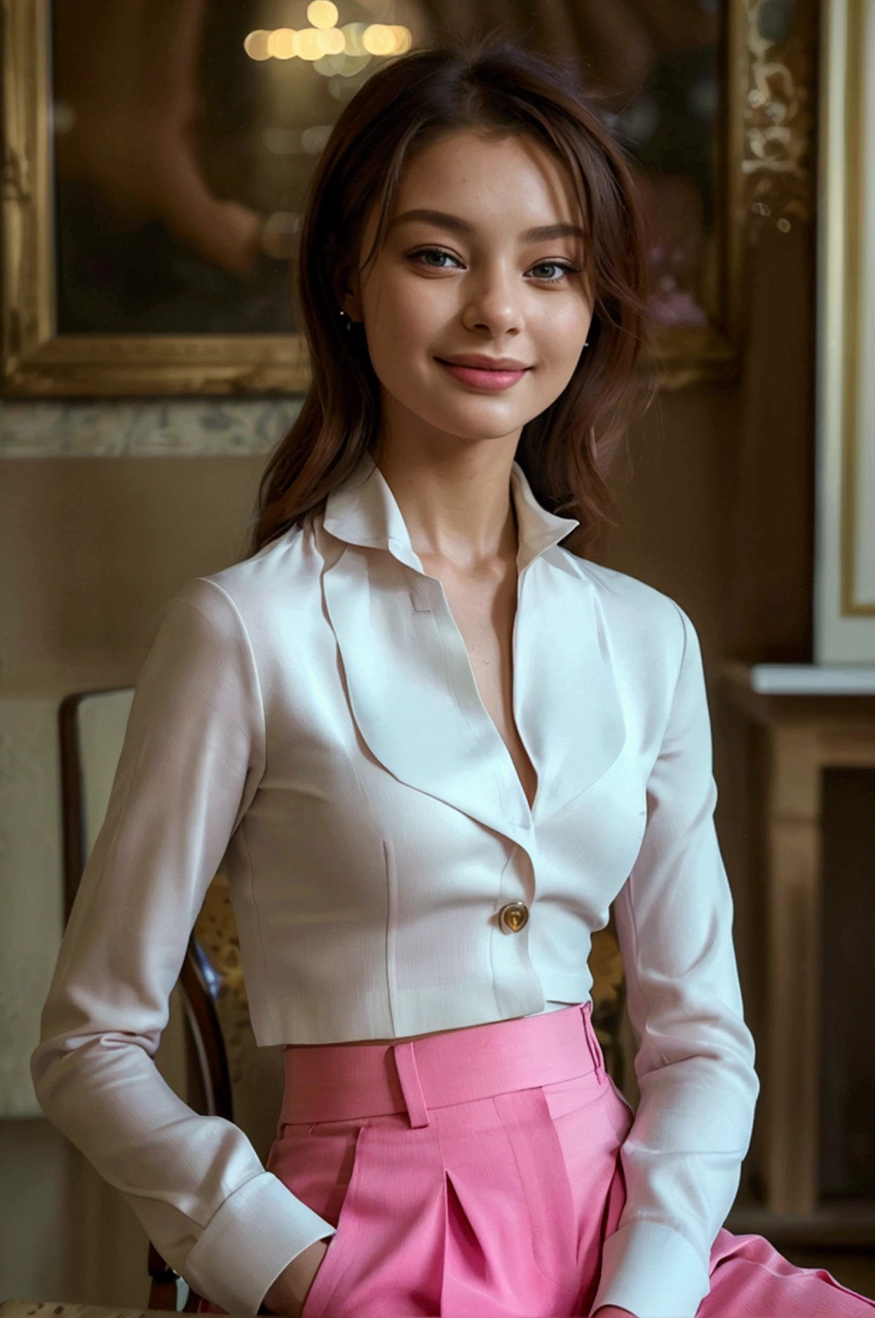 a beautiful slim and healthy woman with a happy expression, satisfied with your body, wearing high waist, high-waisted tailored pants in light pink, a white high-neck blouse tucked in at the neck, an elegant chanel style blazer in plain jacquard in dark pink, in a bright environment, sitting on a chair posing for a photo , (best quality,4K,8K,high resolution,artwork:1.2),ultra details,(realisitic,photorealisitic,photo-realisitic:1.37),hdr,ultra HD,natural lighting,ultra-fine painting,sharp focus,Physically based rendering,Extremely detailed description,proffesional,bright coloured,bokeh,portraits,fot
