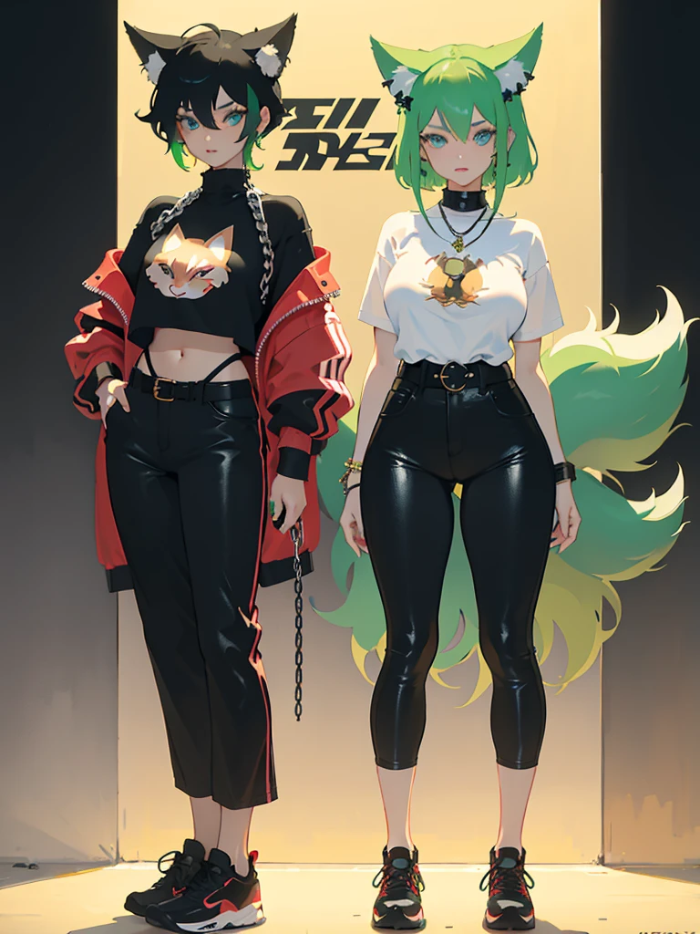 I had loose green hair. I had plump lips and bright blue eyes. I was wearing a black golf short with a cutout on the chest, and bell-bottom trousers with a belt. I was wearing black sneakers. And I also had visible ears and a tail like a fox’s. I had a chain with a small ruby, 3 gold bracelets on the right hand and a red bracelet on the left hand. I had 1 gold earring on 1 ear, and on the other it is black. height 185, big breasts, thin waist with flat stomach and big hips
