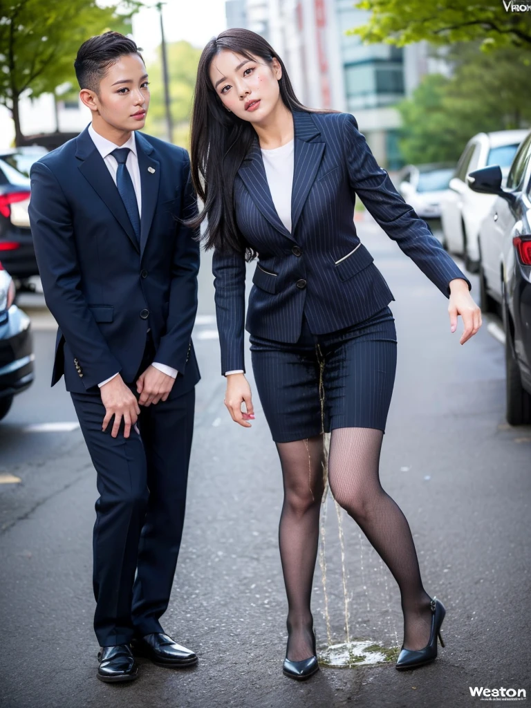 (masutepiece,High quality,16k:1.1),(depth of fields:1.3) ,((front body:1.35)),Japanese ,Woman, ((business suit, black vertical striped pencil skirt )), tights,huge breasts, voluptuous, thicc, curvy,(Looking at Viewer:1.3),(full body shot:1.2),heels,(Beautiful Morning view of town:1.2),peeing self, wetting her clothes, can't hold her pee face, wetting herself desperate, pee desperation pose, her body can't hold her pee and wets herself ultra desperate in the middle of the cicty in absolute desperaton wetting herself, pee runing down her legs, standing up, hyper pee desperate face, big pee pudle