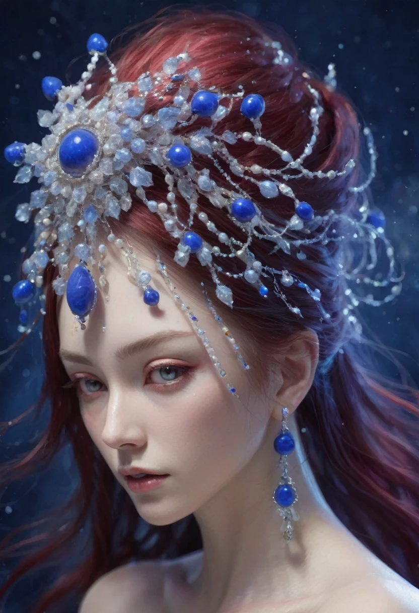 Illustration Fog, Starlight, 美丽of东方舞者, Hair with beads and rhinestones, Transparent top, The whole body is visible. mystery, 美丽of垃圾艺术画清晰of细节, Fractal, Jewelry, Lapis Lazuli Pearls, Rhinestones and thread, fiber,Deep Red, of, 绿色of, 黑色of, modern Art,一种新型of未来主义, 篝火旁of田野, 按照 Alyona Nalivkina of风格