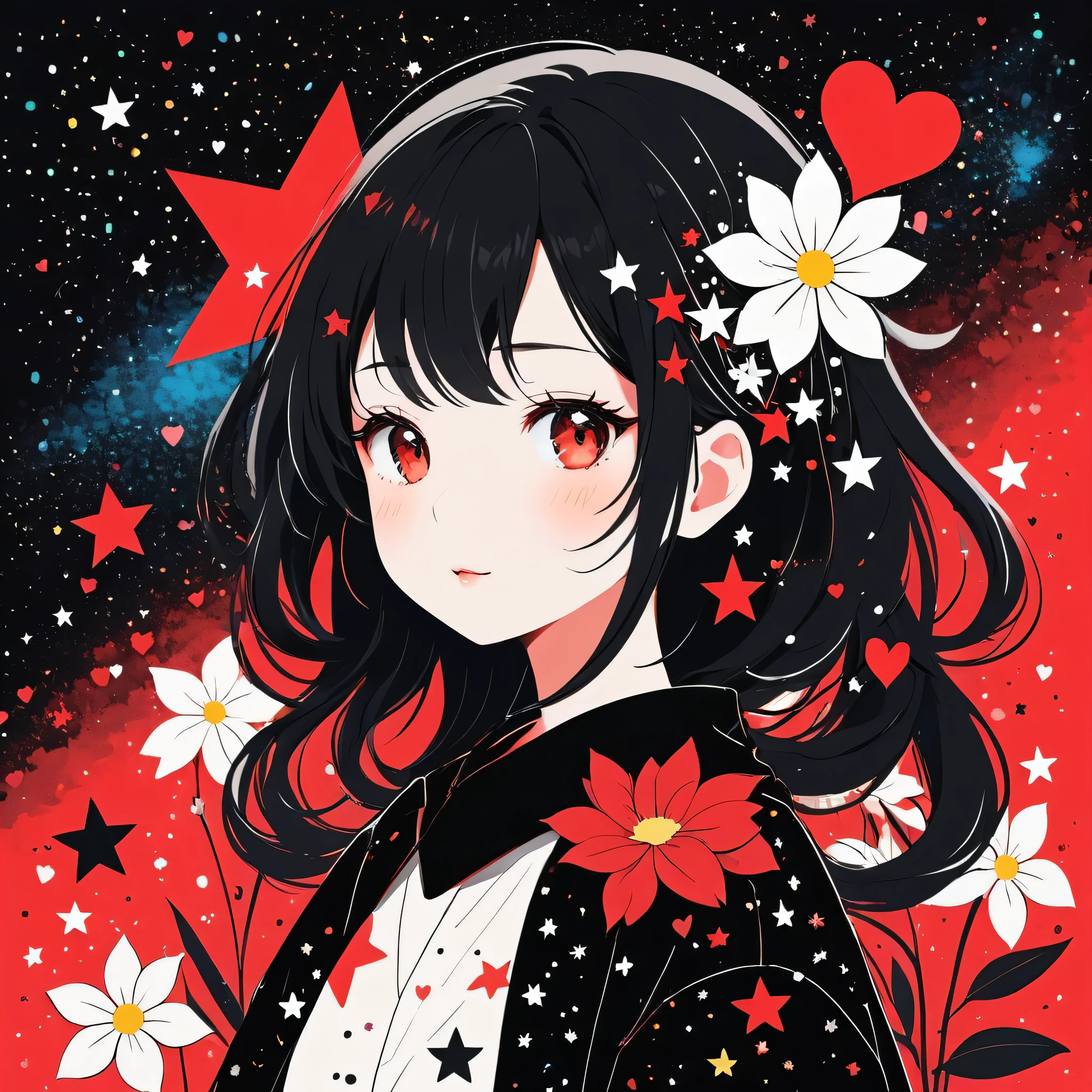 Black Star Red and White style, Simple Line Initialism,Abstract art,Kawaii Design, The most beautiful girl of all time, The background is star dust, colorful hearts, colorful flowers,