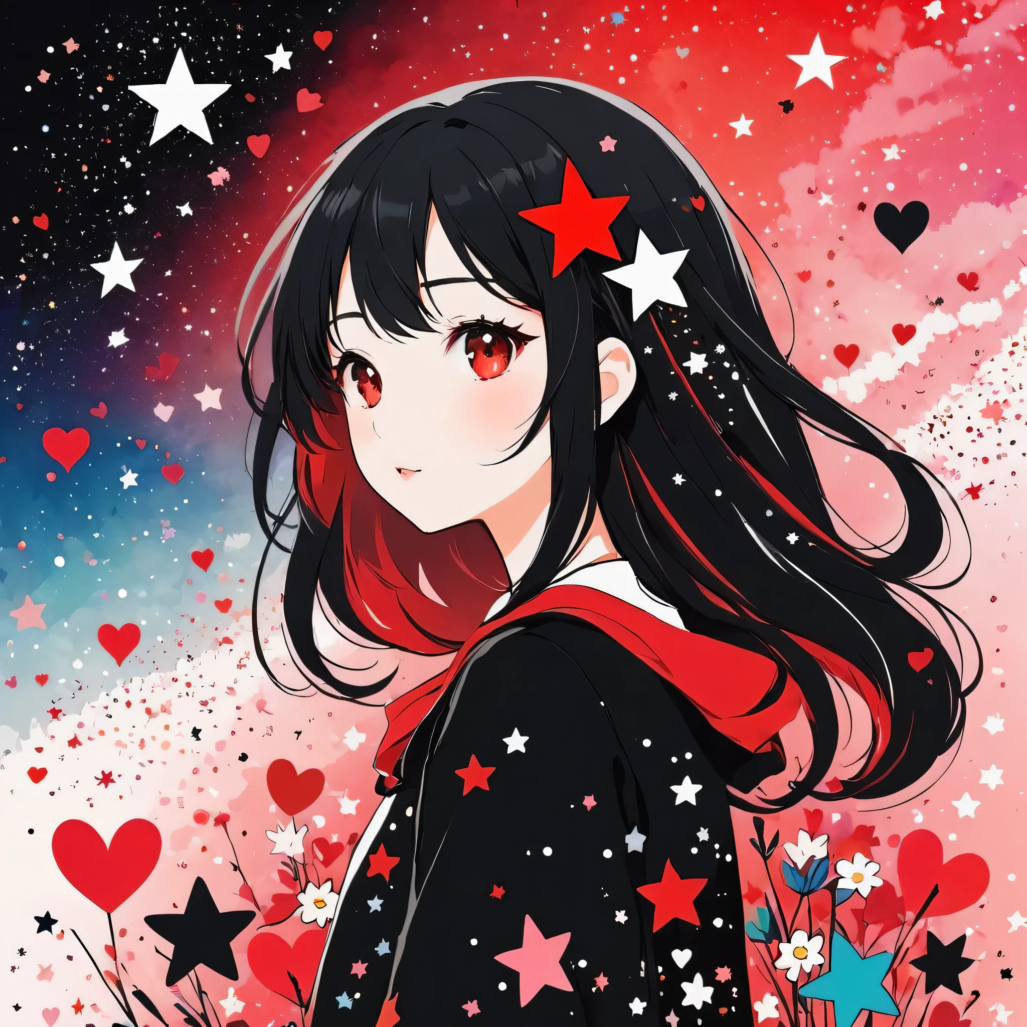 Black Star Red and White style, Simple Line Initialism，Abstract art，Kawaii Design, The most beautiful girl of all time, The background is star dust, colorful hearts, colorful flowers,