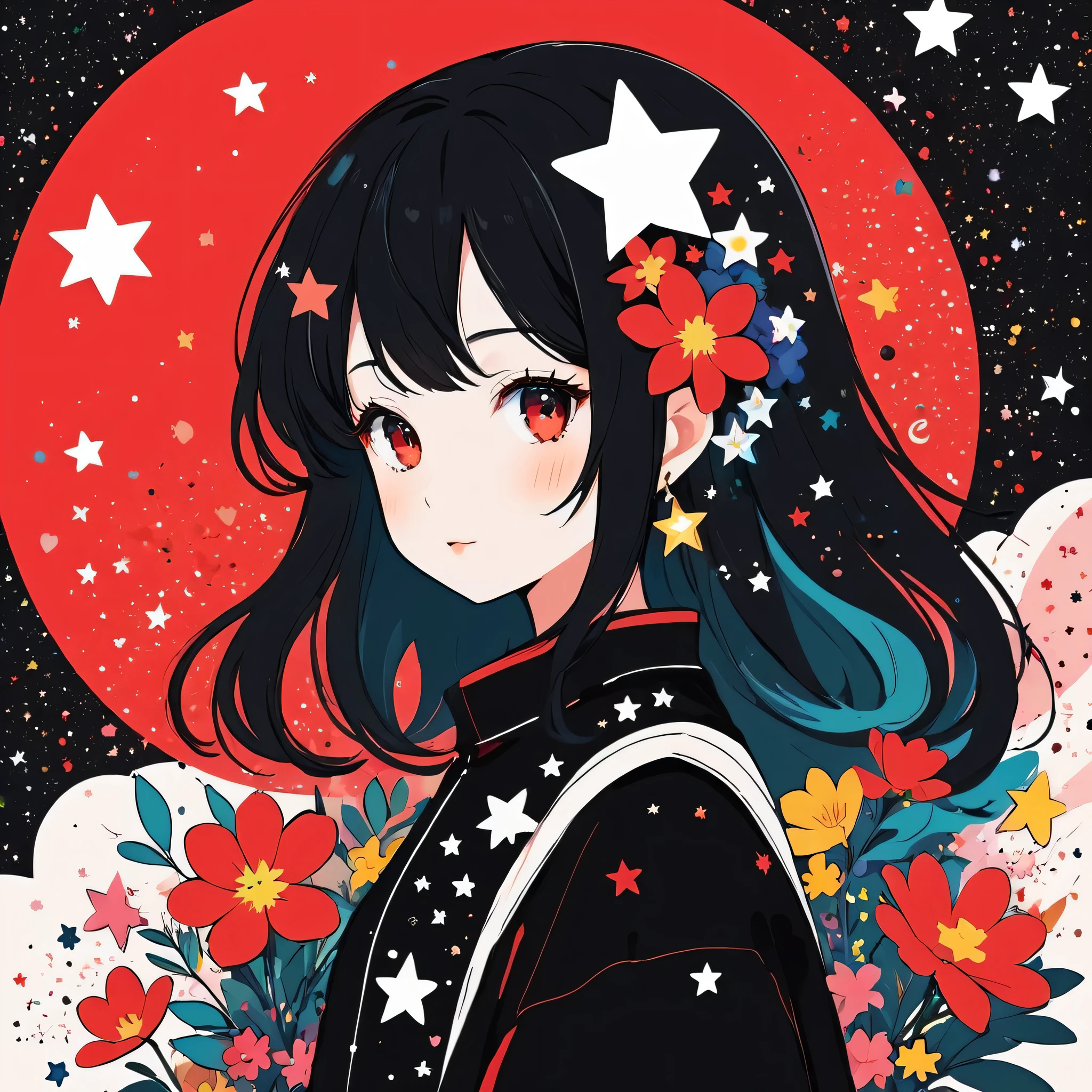 Black Star Red and White style, Simple Line Initialism,Abstract art,Kawaii Design, The most beautiful girl of all time, The background is star dust, colorful hearts, colorful flowers,