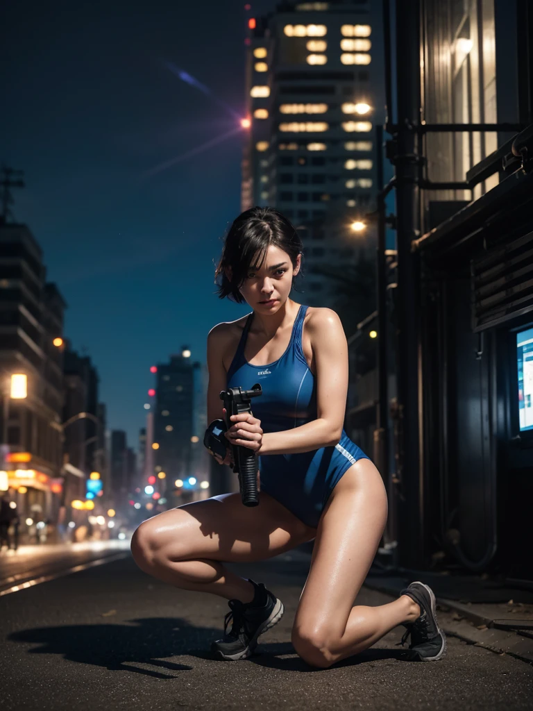 Battlefield background at night，Huge explosion，Exploded buildings，A man in a blue one-piece tactical swimsuit，Black sneakers，Short-haired girl with a holster on her leg，Close-up shot of a man kneeling on one knee with a gun，Full body close-up，Realism