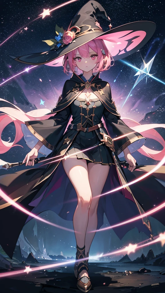 Best quality, Ultra detailed, best quality, insanely detailed, beautiful, masterpiece, 8k, 
break  
Lens Flare,night sky, Streaks of Light,refraction Glowing white lines ,Crossing Light,Shining Background, light particles
break 
Dark Forest,
break 
1lady,  sclupture, pink hair, short hair, witch hat, green hat, gold Crescent-shaped ornament, on hat, pink eyes, witch robe, dark blue robe, gold star-shaped ornament on the center of chest, wand on right hand, sparkling wand, shimmering aura around lady, 
Break
Wide shot, long shot,