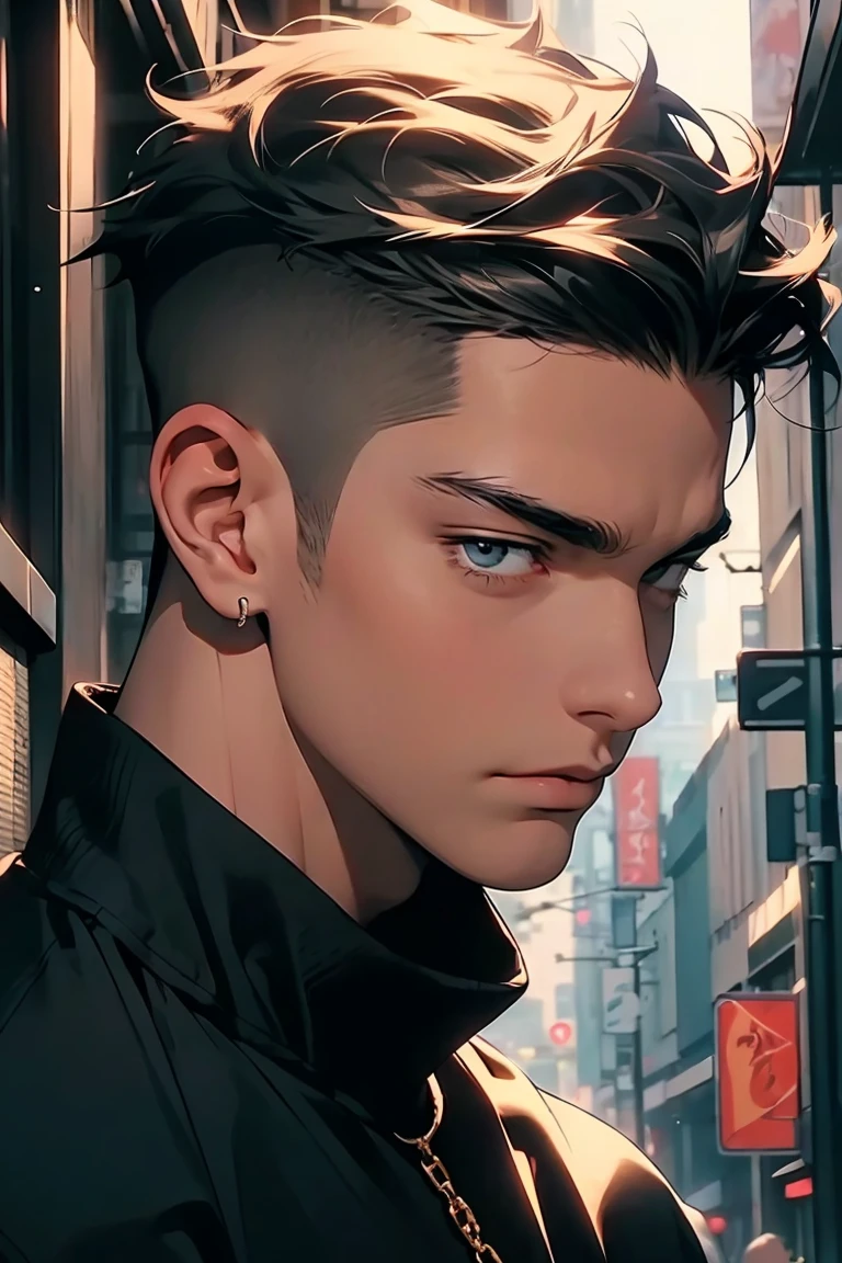 highest quality, 8K, high resolution image, anime style Jujutsu Kaisen, detailed strokes, slightly tanned skin, blurry, purple light reflecting from it, (close angle), 1 man, young, male, model, cool guy, muscular, shaved body, smile, blue Eyes, brown very short hair, brown hair, short hair, hairstyle: undercut, hair slicked back, swollen chest, He is wearing a a sweater, a link chain, black sweatpants, a hand in his pocket, a gold link chain. background: City, big city streets