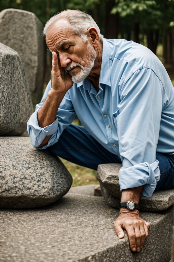 Sick old man sitting on a stone looking up raising his hands