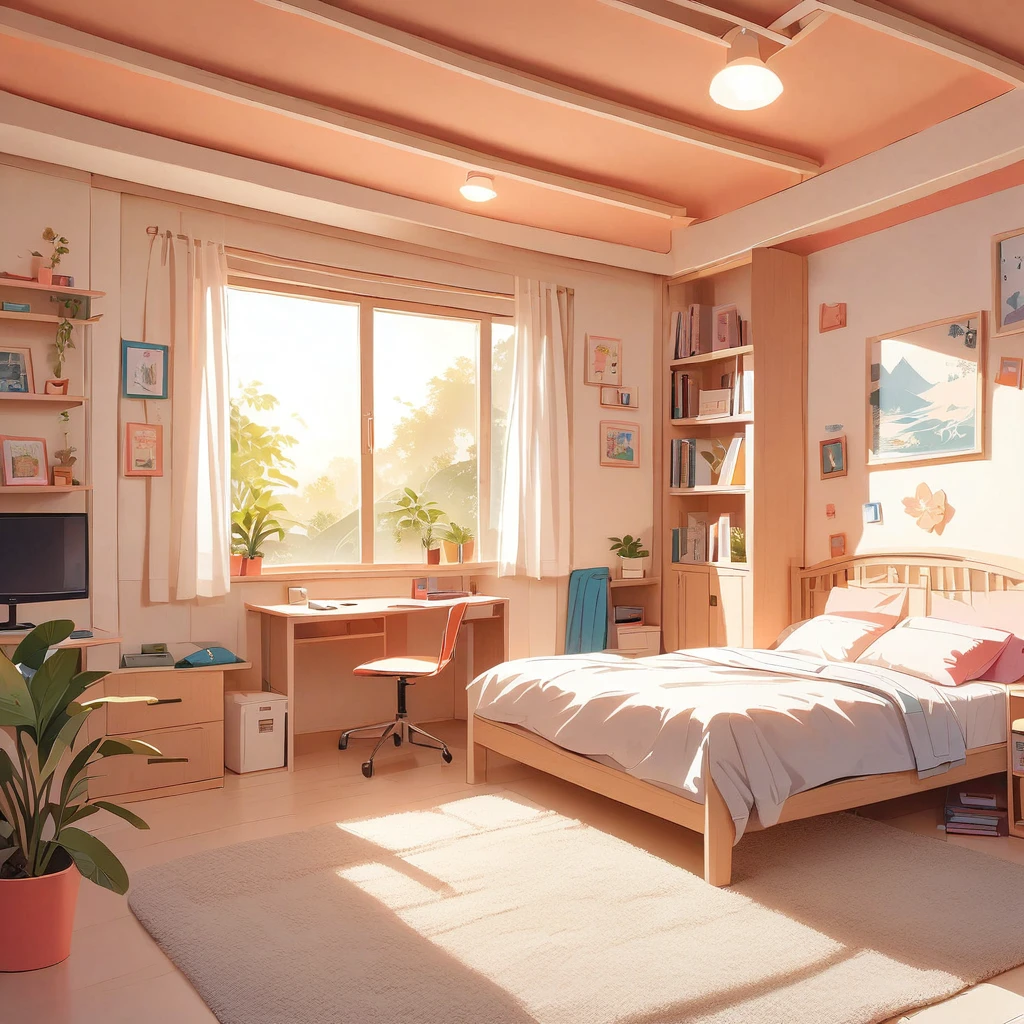 inside of a folk music lover teenagers room, there is a bed, radiant evening light