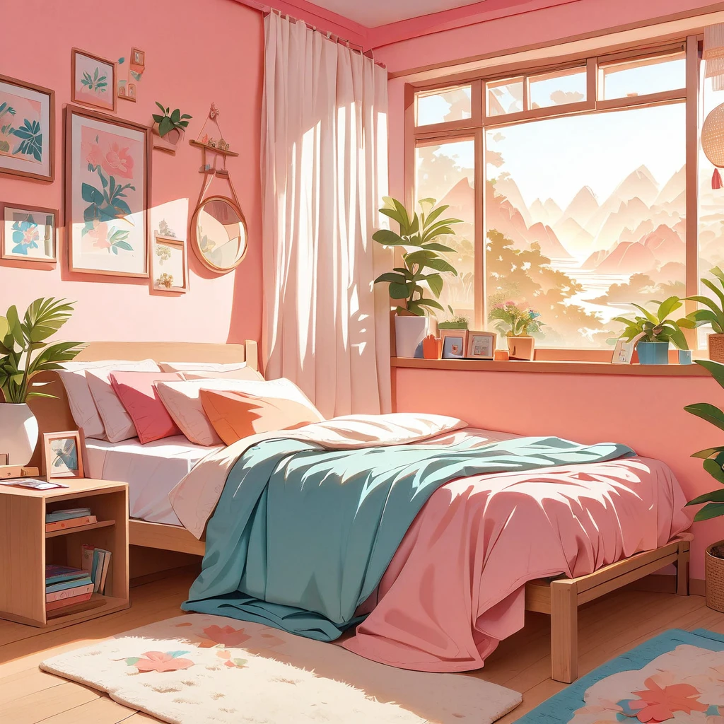 inside of a folk music lover agers room, there is a bed, radiant evening light