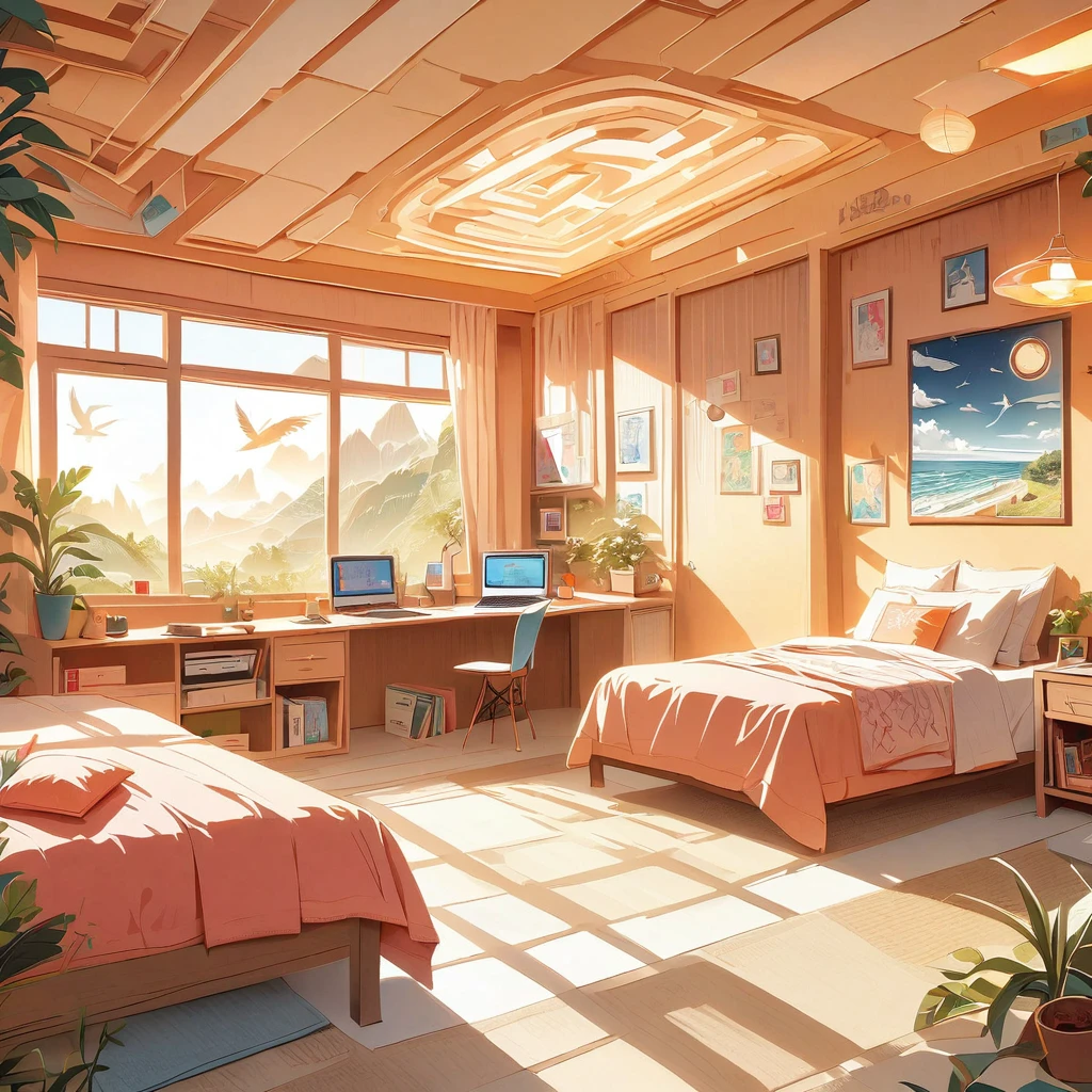inside of a folk music lover teenagers room, there is a bed, radiant evening light