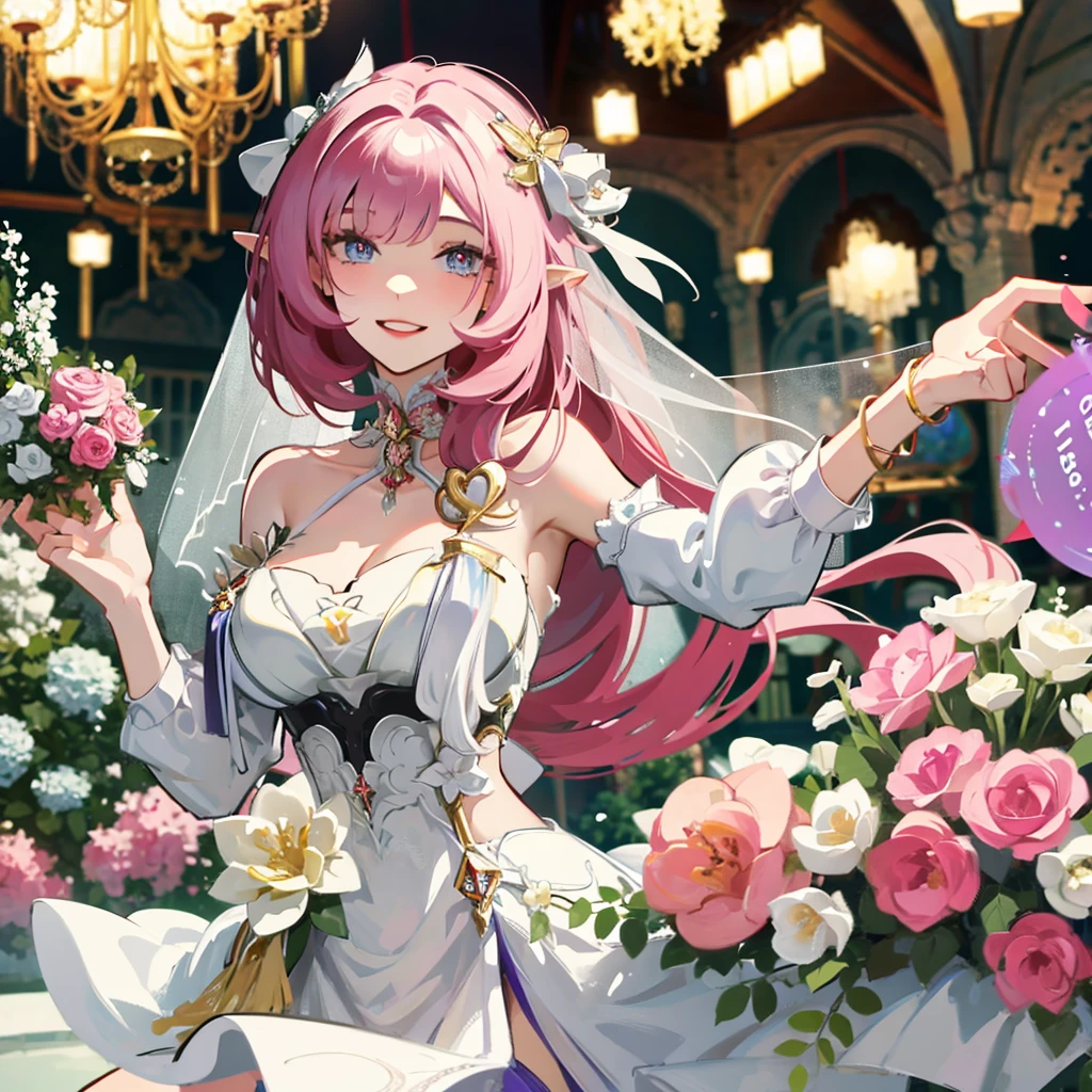 Elysia, wedding dress, holding banquet, wide smile 