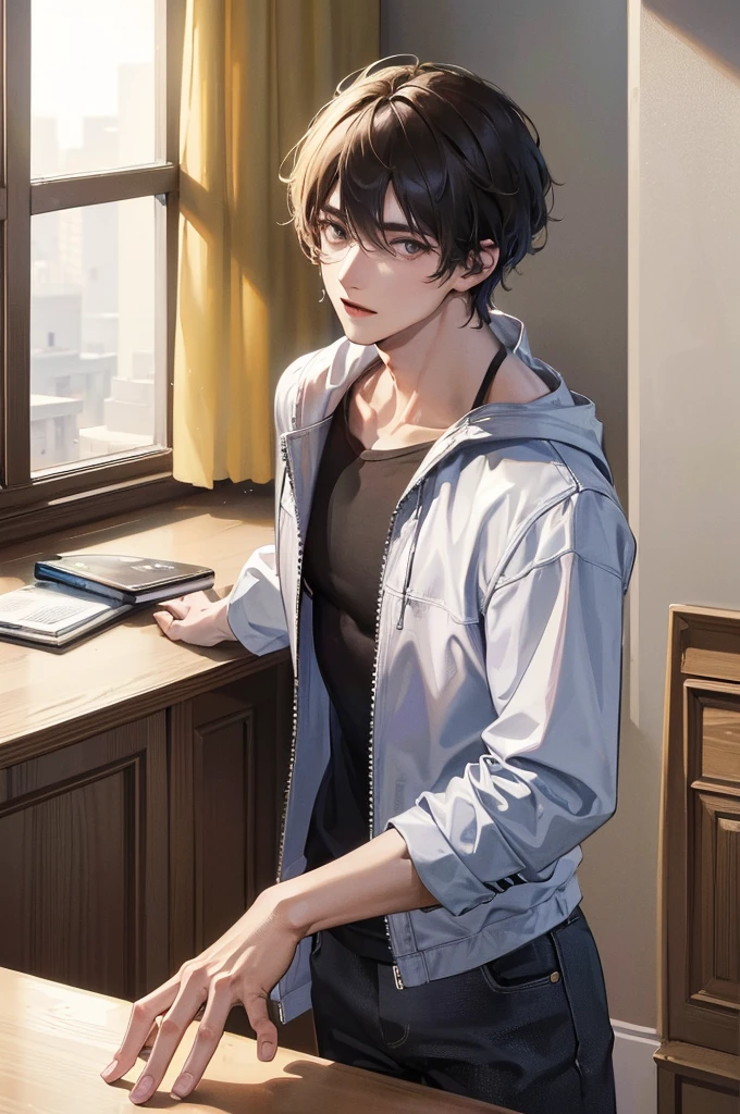 (best quality,4k,8k,highres,masterpiece:1.2),ultra-detailed, (looking at viewer) a young man in casual clothing, 22 years old, indoors next to window, dynamic lighting, detailed, splash colors, close up
