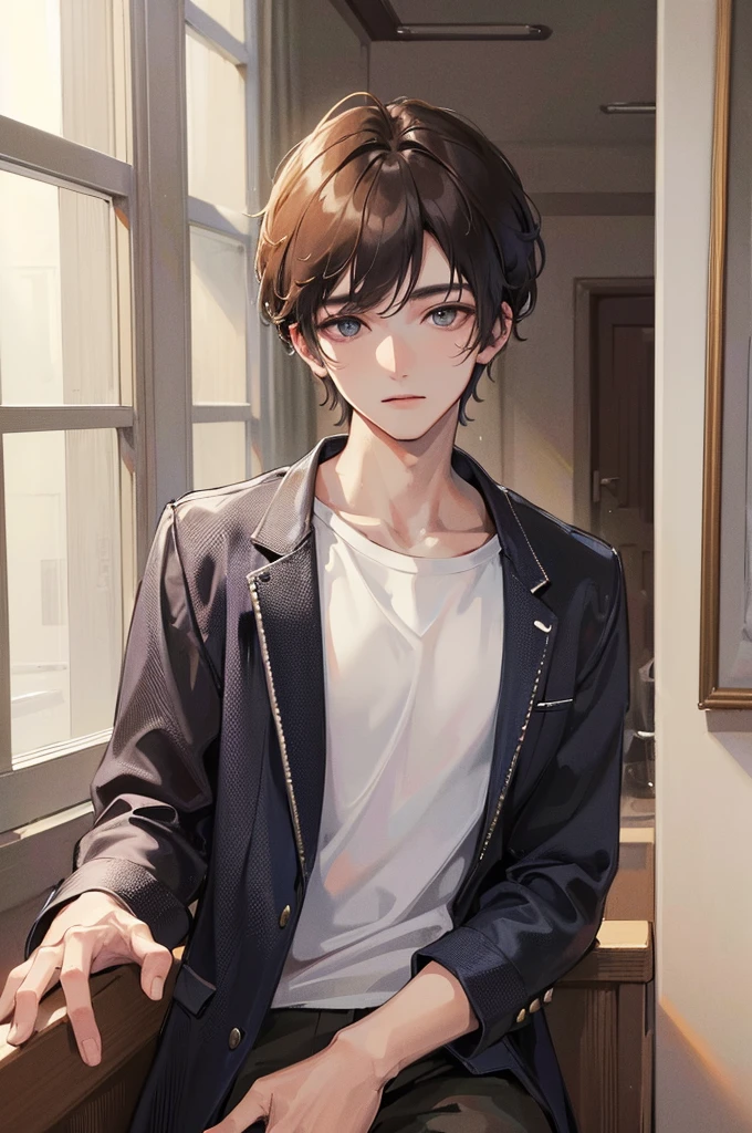 (best quality,4k,8k,highres,masterpiece:1.2),ultra-detailed, (looking at viewer) a young man in casual clothing, 22 years old, indoors next to window, dynamic lighting, detailed, splash colors, close up