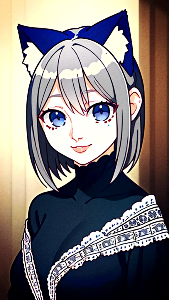 (masterpiece: 1.2, Highest quality), (Actual photo, Intricate details), 1. Female, alone, Upper Body, casual, Shoulder-length hair, Minimal makeup, Natural materials, Face close-up, smile, Home, Gray Hair, blue eyes, Cat ear,