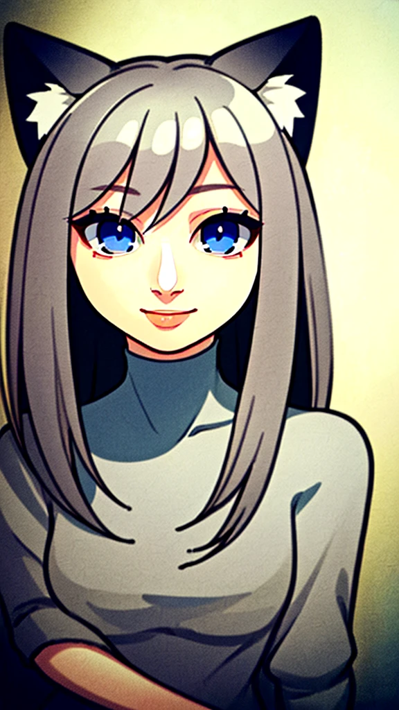 (masterpiece: 1.2, Highest quality), (Actual photo, Intricate details), 1. Female, alone, Upper Body, casual, Shoulder-length hair, Minimal makeup, Natural materials, Face close-up, smile, Home, Gray Hair, blue eyes, Cat ear,