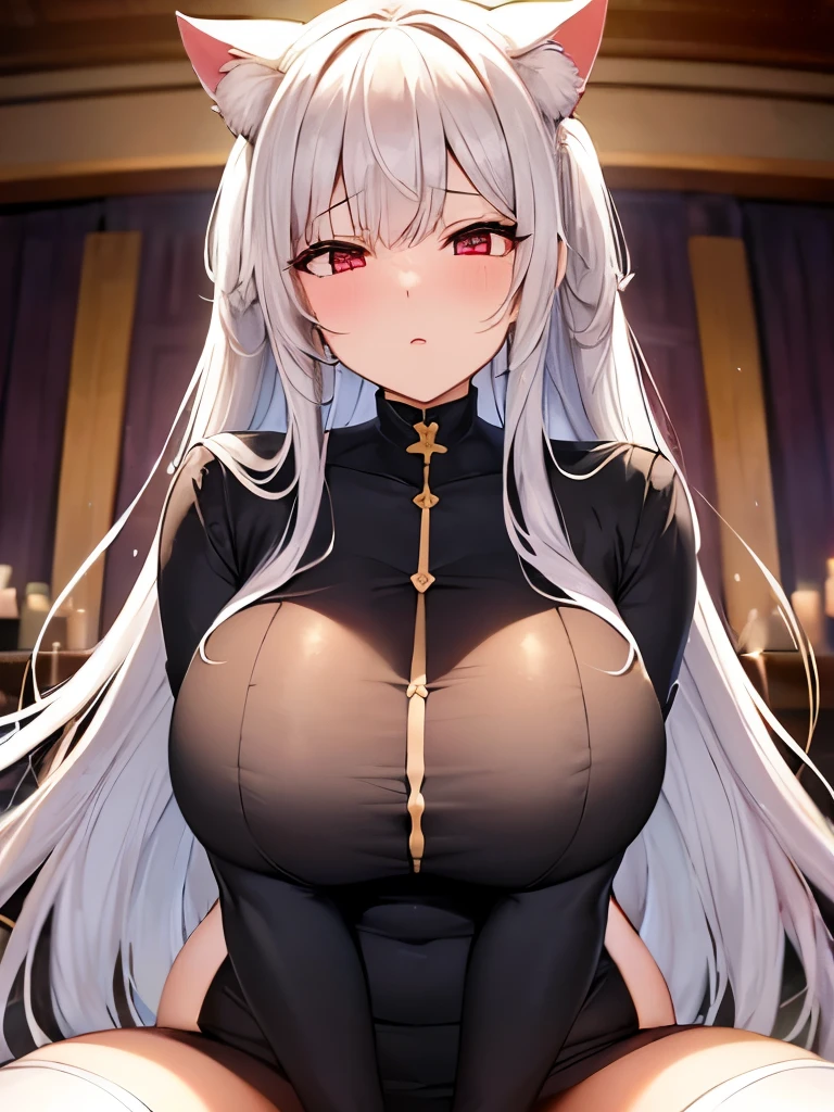 Highest quality　High resolution　One young and beautiful woman　Red eyes　Beautiful white hair　Medium Perm　Cute Gentle Girl　Cat ear　Alluring nude cow print lingerie　church　Nun Cowgirl Cosplay　Breast milk育児サービス　驚異的な魅力を持つ童貞キラーのとても大きいBig Breasts　Sexless　Breast milk　Breathtakingly beautiful　Incest　Rutted Face　Chubby　Big Breasts　Huge breasts　Big Breasts　Wedding dress