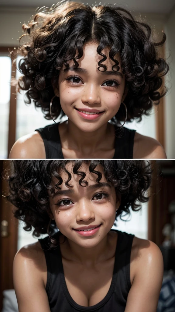 Face of a black girl with curly hair, and with a smile and tears in her eyes