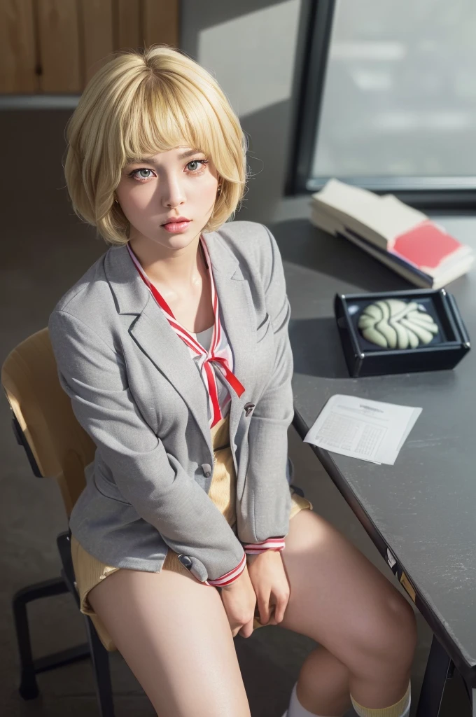 ((8K, RAW Photos, Highest quality, masterpiece), High-resolution RAW color photos、Professional close-up photography, (Realistic, Photorealism: 1.37), (Highest quality), (Best Shadow), (Best illustrations), clavicle ((big)), ((erotic, sexy, Ultra-high resolution, High quality CG integrated 8K wallpaper, Physically Based Rendering, Cinema Lighting), (aegyo sal:1), 18-year-old girl, (Grey blazer, ribbon, socks, High School Uniform: 1.2), High school classroom, Beautiful details in the eyes, Light on the face, ((Full Body Shot: 1.2)), Particularly strong light, (Upward glance, A little angry:1.2),Shiny skin, (((Blonde, Bob Hair:1.2))), Urzan-6500-v1.1:0.2, shy, (flash:1.2), Browsing Caution , (Puffy), ((Seductive posture: 1.2, Charm: 1.2)), (Idol), (sitting at a desk in the classroom: 1.2)), ((Excellent anatomy: 1.2)), ((Bright and refreshing classrooms, The background is blurred: 1.2)), Perfect Face, Cute face, (High angle shot:1.4)